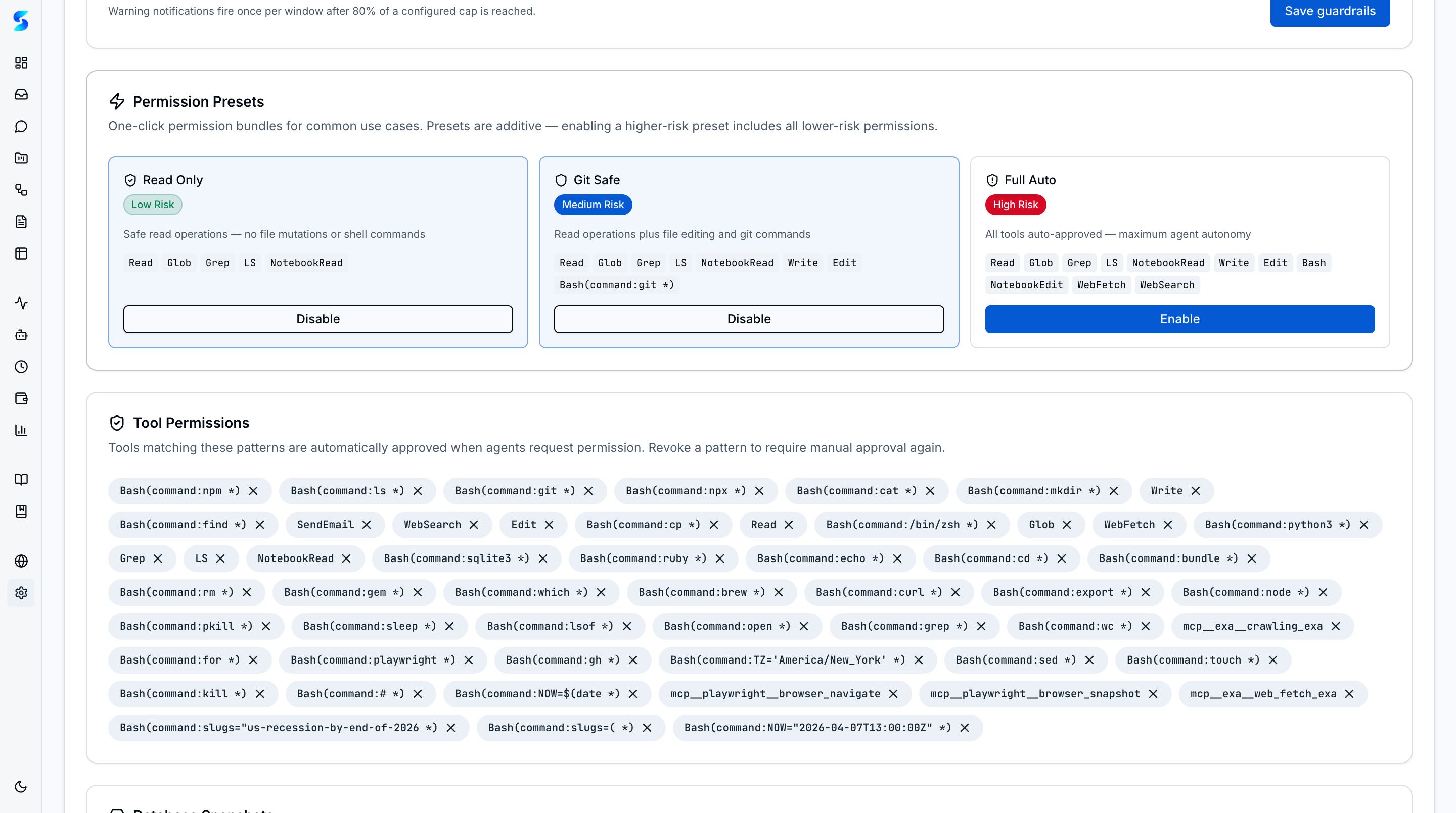 Permission presets with Read Only, Git Safe, and Full Auto risk tiers, tool permissions, and data management