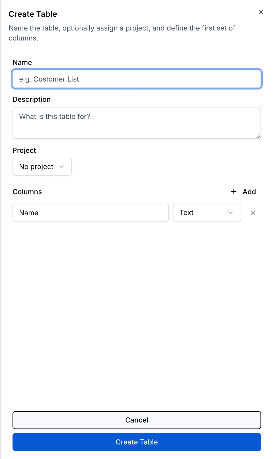 Empty create-table form