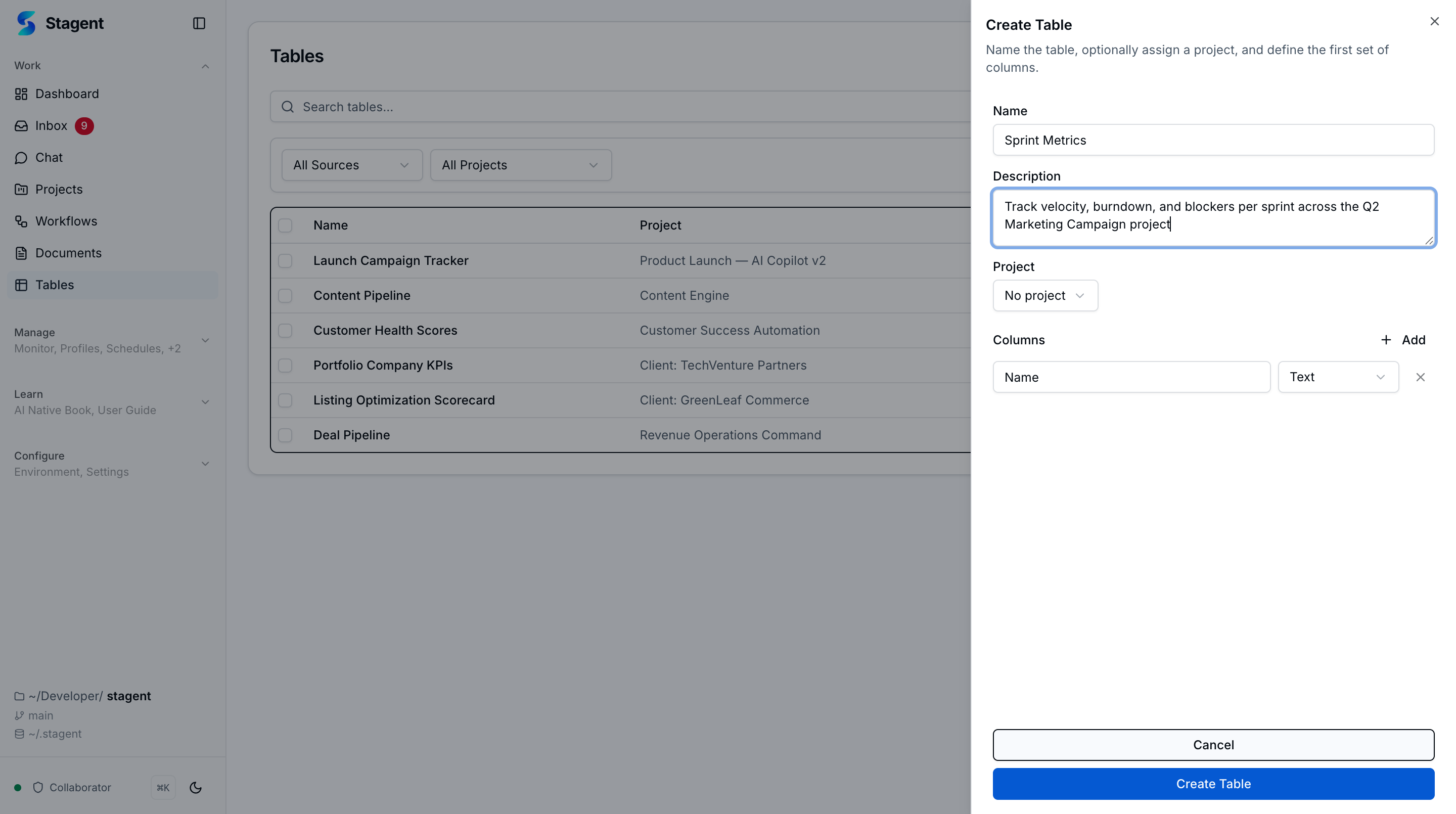 Create Table form with name, description, project selection, and column definitions