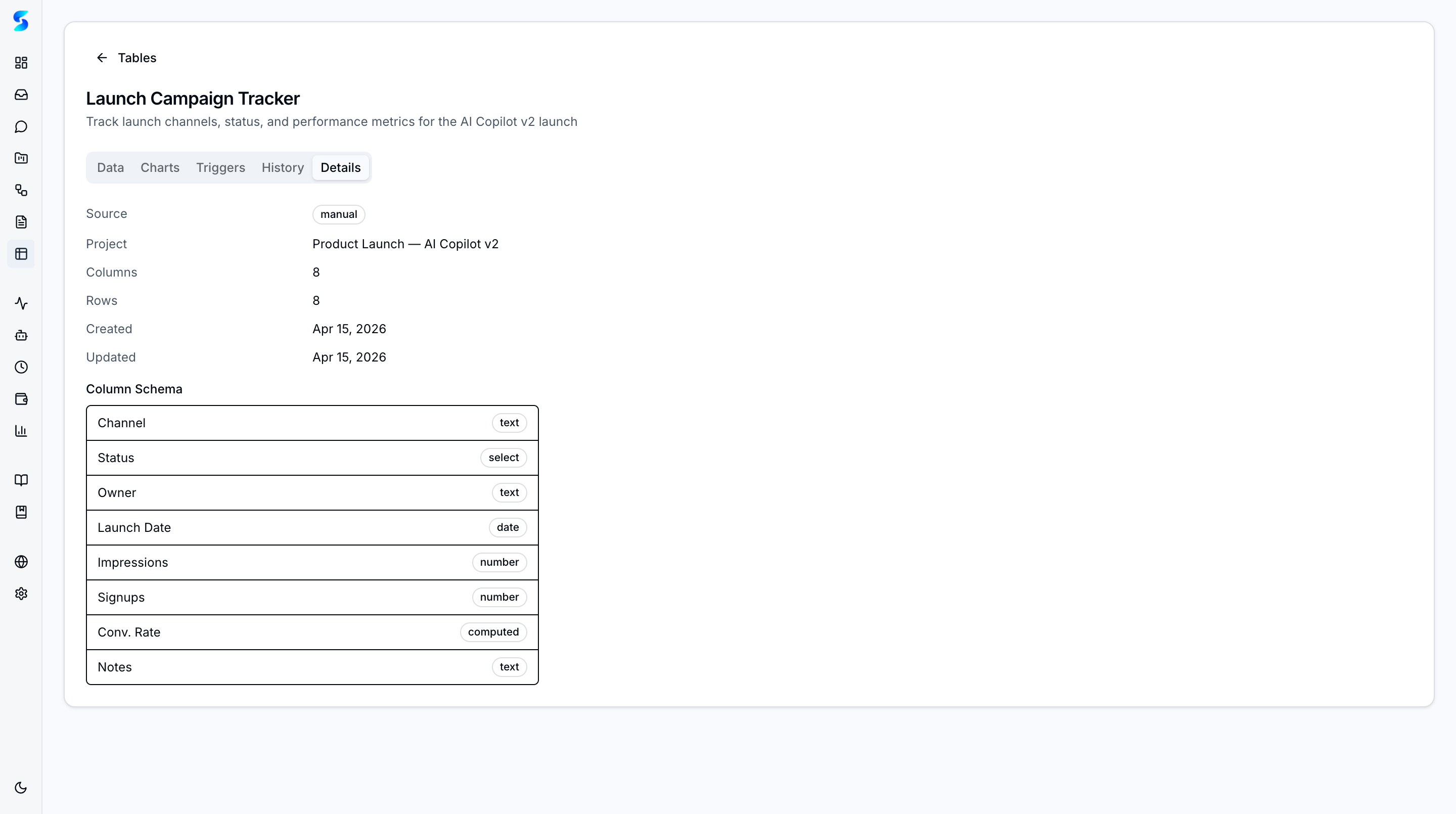Tables Details tab showing table metadata, column definitions, and configuration