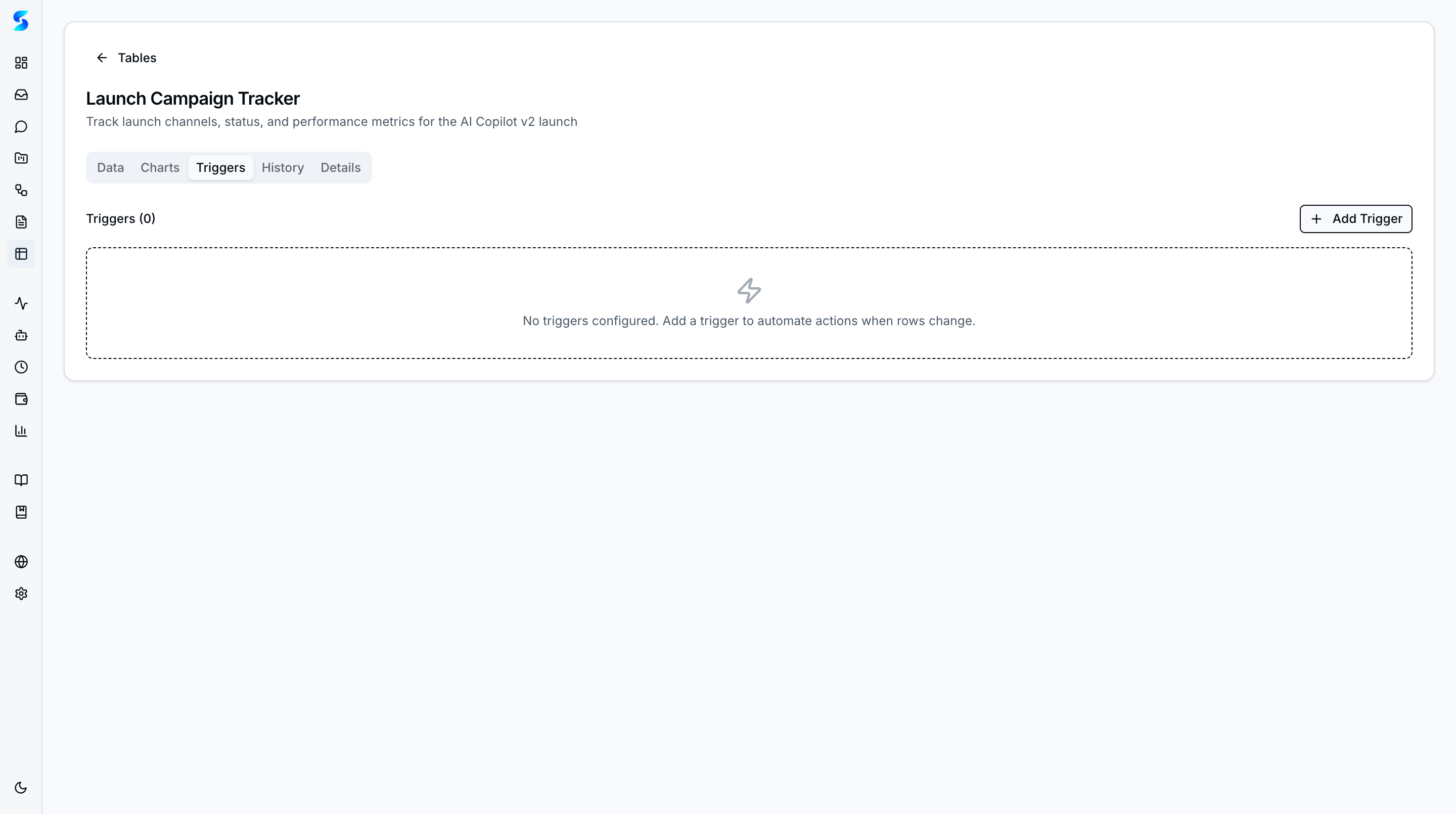 Tables Triggers tab for configuring automated actions based on row data changes