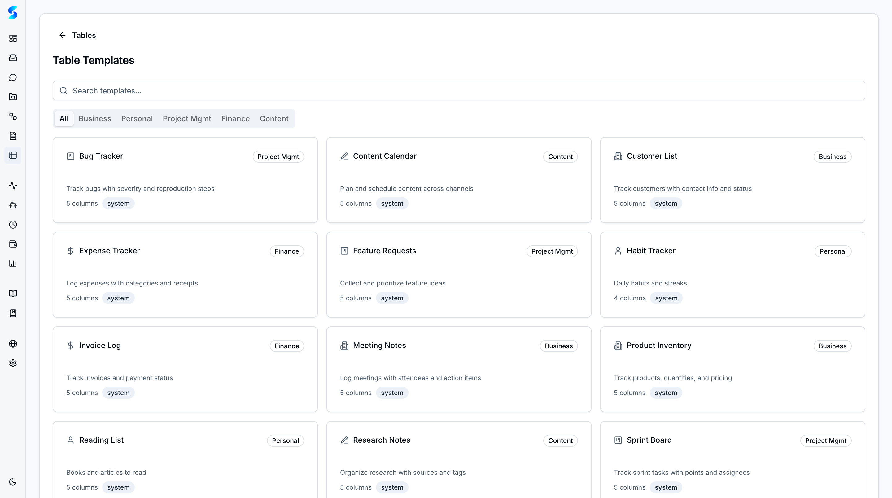 Table Templates gallery with Business, Personal, Project Management, Finance, and Content categories
