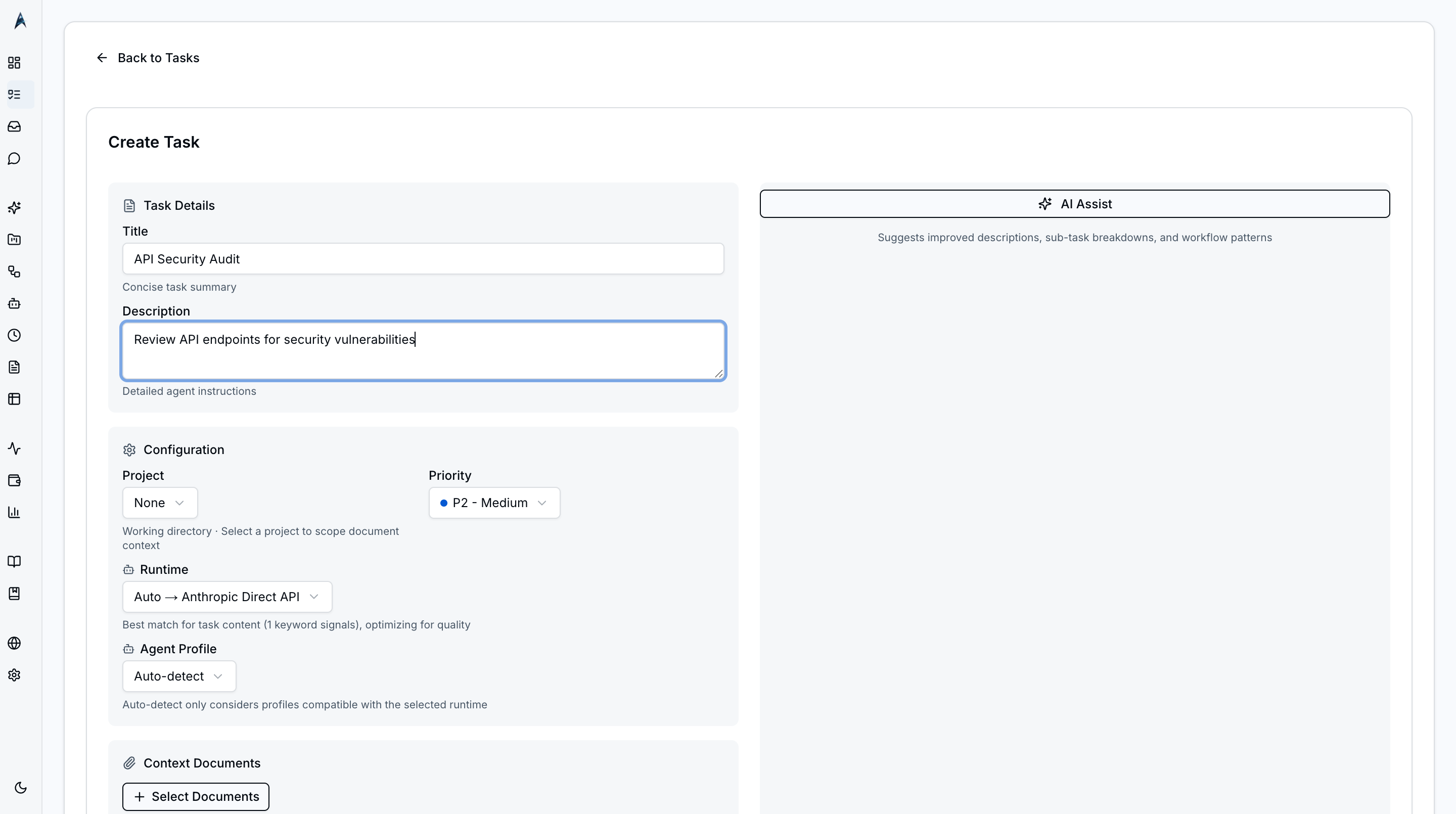 Task form filled in manually