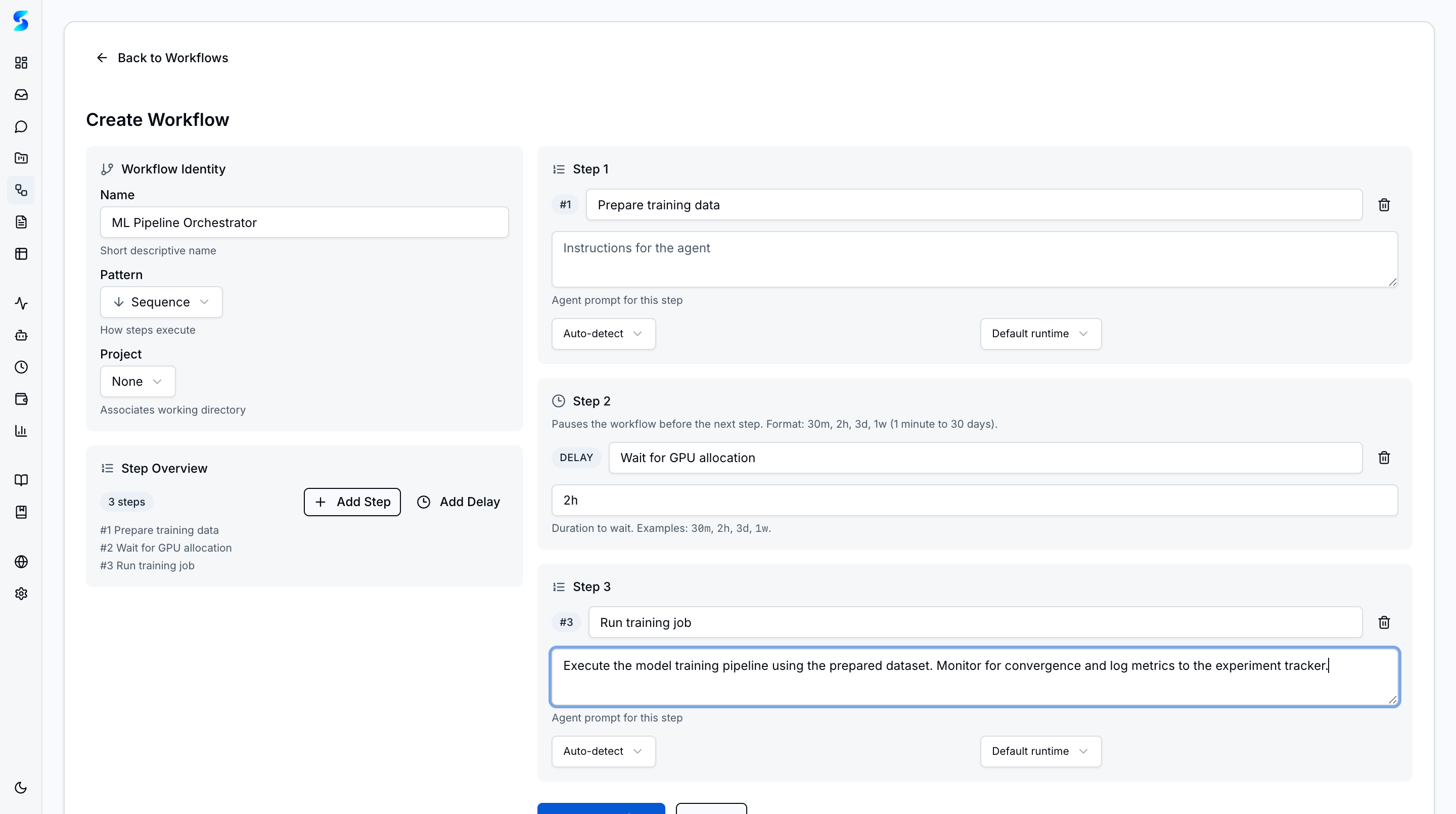 Workflow creation form showing a Sequence pattern with a 2-hour delay step between Prepare training data and Run training job