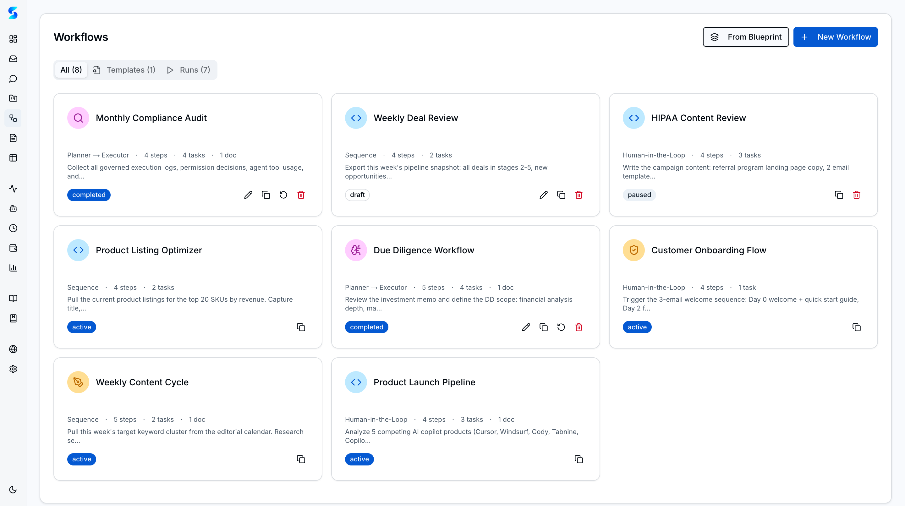 Workflows library with 5 workflows, pattern labels, and All/Templates/Runs tabs