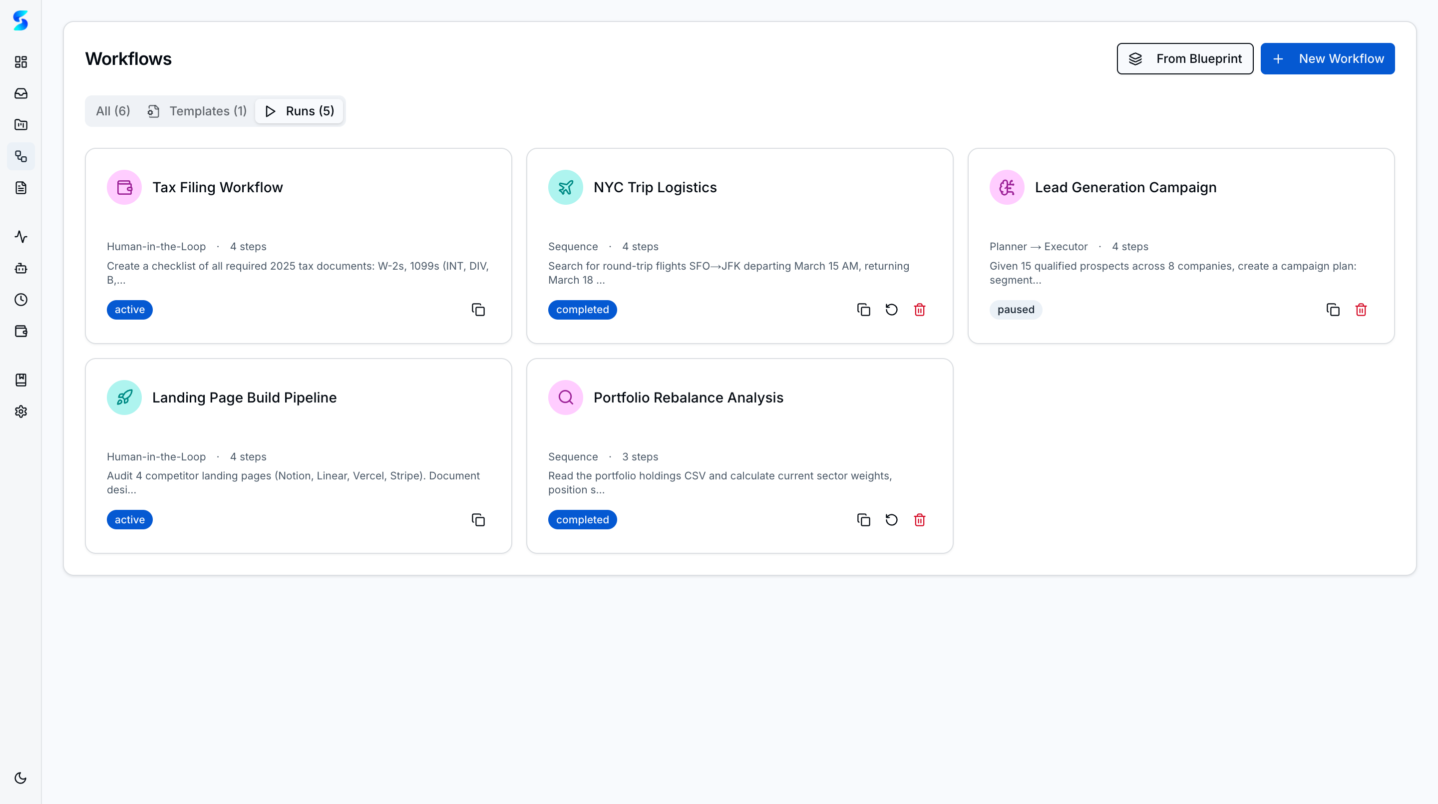 Workflows Runs tab showing active and completed workflow executions across projects